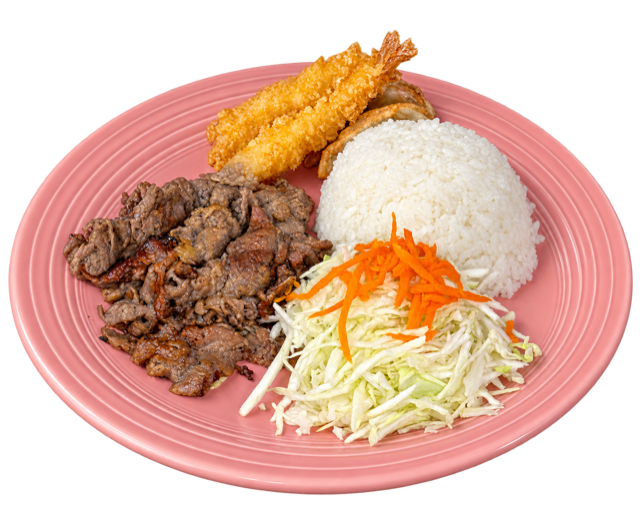 Lunch BBQ Beef with sliced beef, white rice, shrimp tempura, potstickers, and shredded cabbage and carrots on a pink plate
